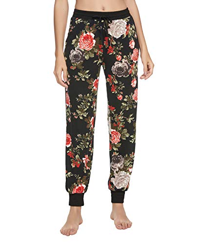 MINTLIMIT Damen Schlafanzughose Pyjamahose Nachtwäsche Hose Lang Freizeithose mit Taschen,Blumen Schwarz,M von MINTLIMIT