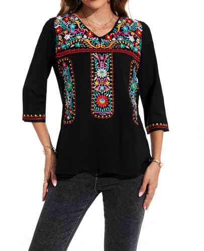 MINTLIMIT Damen Sommer Boho Stickerei Mexikanisch Bohemian Tops V-Ausschnitt Shirt Tunika Blusen (Schwarz S) von MINTLIMIT