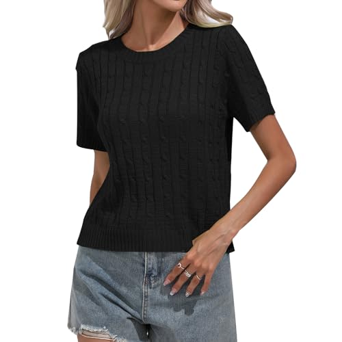 MINTLIMIT Damen Sommer Frühling Pullover Casual Kurzarm Pullover Rundhalsausschnitt Rippstrick Pullover Tops Einfarbig Bluse, 937#Schwarz, M von MINTLIMIT