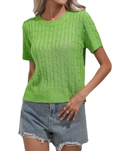 MINTLIMIT Damen Sommer Frühling Pullover Casual Kurzarm Pullover Rundhalsausschnitt Rippstrick Pullover Tops Einfarbig Bluse, 937#grün, M von MINTLIMIT