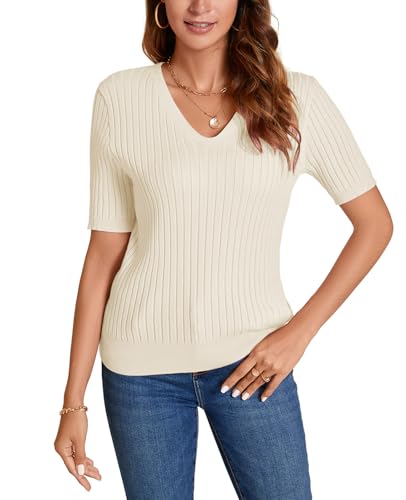 MINTLIMIT Damen Sommer Strickshirt Kurzarm V-Knopf Ausschnitt Pullover Bluse Pullover Pullover, 56 - Aprikose, S von MINTLIMIT