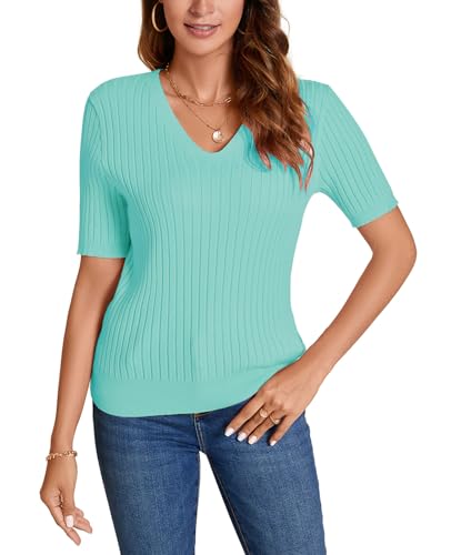MINTLIMIT Damen Sommer Strickshirt Kurzarm V-Knopf Ausschnitt Pullover Bluse Pullover Pullover, 56-Grün-1, XL von MINTLIMIT