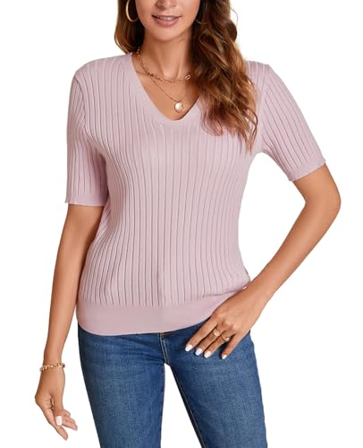 MINTLIMIT Damen Sommer Strickshirt Kurzarm V-Knopf Ausschnitt Pullover Bluse Pullover Pullover, 56 - Rosa, L von MINTLIMIT