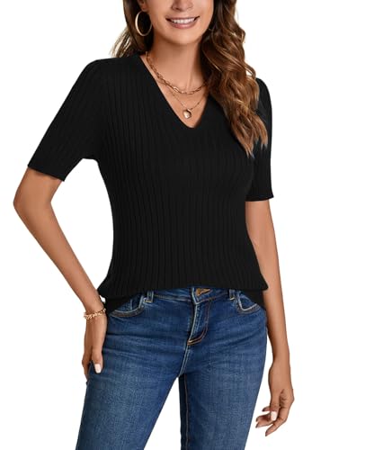 MINTLIMIT Damen Sommer Strickshirt Kurzarm V-Knopf Ausschnitt Pullover Bluse Pullover Pullover, 56-schwarz, S von MINTLIMIT
