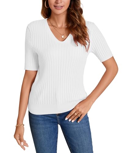 MINTLIMIT Damen Sommer Strickshirt Kurzarm V-Knopf Ausschnitt Pullover Bluse Pullover Pullover, 56-weiß, L von MINTLIMIT
