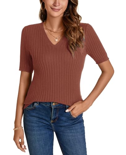 MINTLIMIT Damen Sommer Strickshirt Kurzarm V-Knopf Ausschnitt Pullover Bluse Pullover Pullover, 56 - ziegelrot, XL von MINTLIMIT