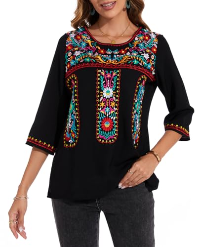 MINTLIMIT Damen Sommer Tshirt Boho Stickerei Mexikanisch Bohemian Tops Rundhals Oberteil Tunika Blusen (Schwarz L) von MINTLIMIT