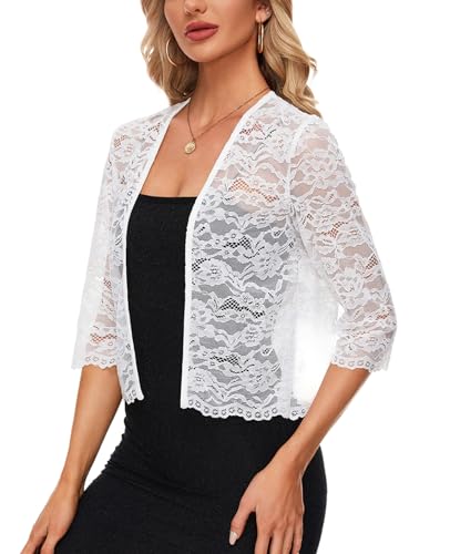 MINTLIMIT Damen Spitze Bolero Offene Vorne Strickjacke 3/4 Ärmel Cardigan Elegant Boleroshrug (Weiß XXL) von MINTLIMIT