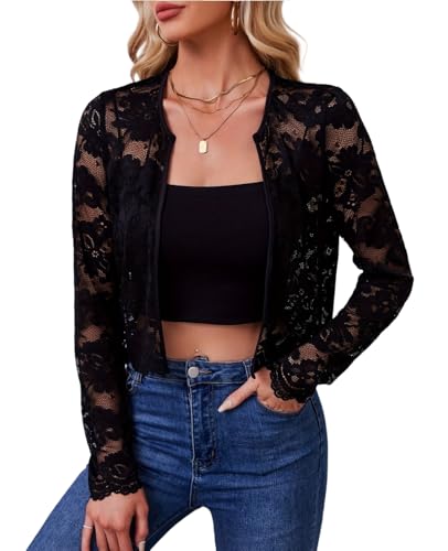 MINTLIMIT Damen Spitze Shrug Langarm Cropped Cardigan Elegant Open Front Floral Lace Bolero Shrug Top für Abendkleid, 04_Schwarz, XL von MINTLIMIT