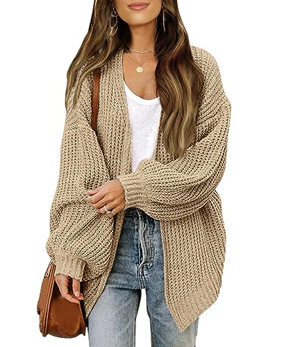 MINTLIMIT Damen Strickjacke Grobstrick Cardigan Open Front Strickcardigan Lang Elegant Sweater (K-Hell Khaki M) von MINTLIMIT