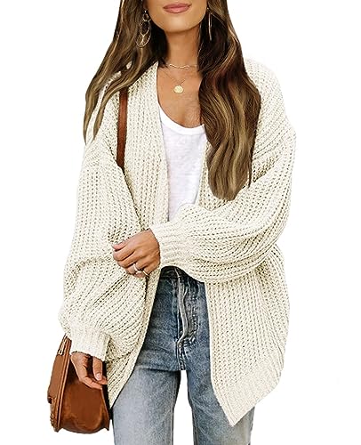 MINTLIMIT Damen Strickjacke Grobstrick Cardigan Open Front Strickcardigan Lang Elegant Sweater (WH-Beige M) von MINTLIMIT