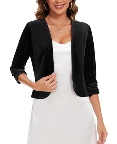 MINTLIMIT Damen Strickjacke Kurz Samt Bolero 3/4 Ärmel Cardigan Top Vorn Offen Bolerojacke Elegant Blazer (Schwarz L) von MINTLIMIT