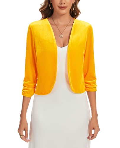 MINTLIMIT Damen Strickjacke Kurz Samt Bolero 3/4 Ärmel Cardigan Vorne Bolerojacke Elegant Blazer (Yellow M) von MINTLIMIT