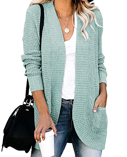 MINTLIMIT Damen Strickjacke Langer Open-Front Cardigan Sweater mit Taschen Grobstrick,GN-Mintgrün,S von MINTLIMIT