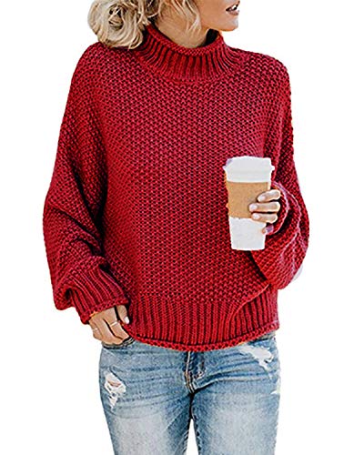 MINTLIMIT Damen Strickpullover Langarm Grobstrick Rollkragenpullover Winter Outwear,R-Weinrot,S von MINTLIMIT