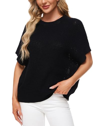 MINTLIMIT Damen Sweater Kurzarm Knit Pullover Mock Neck Sweater Lose Casual Tops Jumper Strickpullover (Schwarz XL) von MINTLIMIT