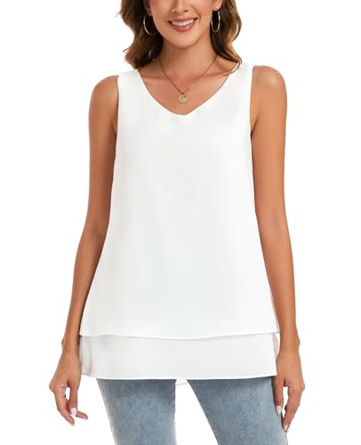 MINTLIMIT Damen Tank Top Ämellose Blusen Chiffon Casual Cami Oversize Oberteile V Ausschnitt (Weiß XL) von MINTLIMIT