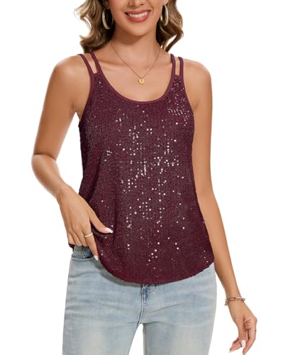 MINTLIMIT Damen Tank Top Glitzer Pailletten Tunika Ärmellos Spaghettiträger Bluse Trägertop Festival Oberteil (Weinrot S) von MINTLIMIT