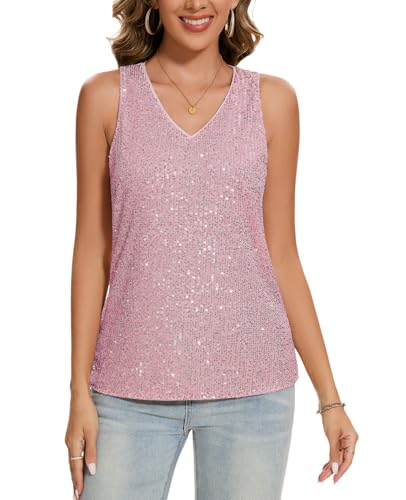 MINTLIMIT Damen Tank Top Lang Glitzer Pailletten Tunika Ärmellos Bluse Festival Oberteil (Hell rosa S) von MINTLIMIT