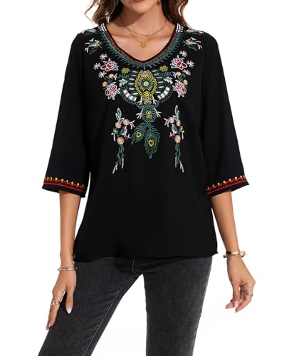 MINTLIMIT Damen Tops Boho Stickerei Mexikanisch Bohemian Oberteil V-Ausschnitt Shirt Tunika Blusen (Schwarz S) von MINTLIMIT