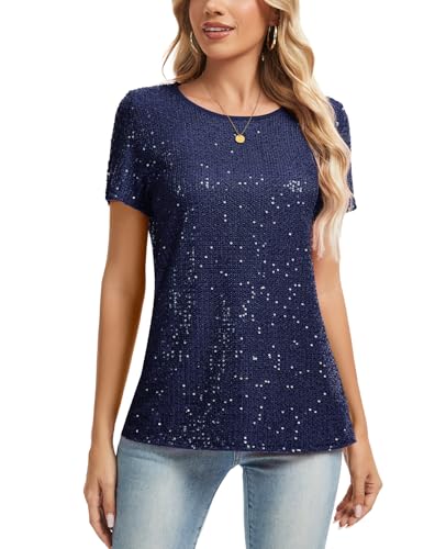MINTLIMIT Damen TopsPailletten Glitzer Oberteil Henley Rundhals Cap Ärmel T-Shirt Casual (Marine M) von MINTLIMIT