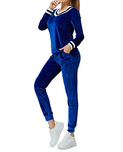 MINTLIMIT Damen Trainingsanzug Velours Hausanzug Nicki Jogginganzug Zweiteiler Samt Schlafanzug Lang Streifen Sportanzug Sweatsuits Flanell Oberteil und Hose mit Taschen von MINTLIMIT