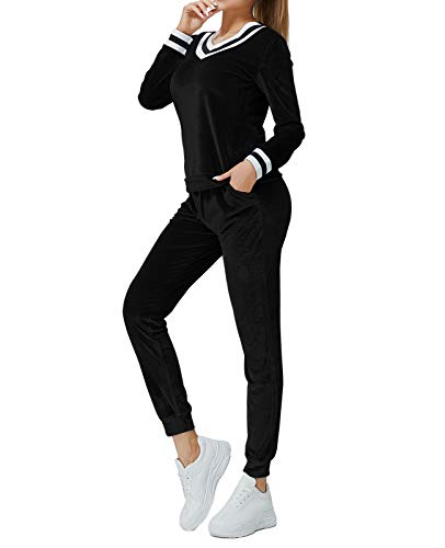 MINTLIMIT Damen Trainingsanzug Velours Hausanzug Nicki Jogginganzug Zweiteiler Samt Schlafanzug Lang Streifen Sportanzug Sweatsuits Flanell Oberteil und Hose mit Taschen von MINTLIMIT