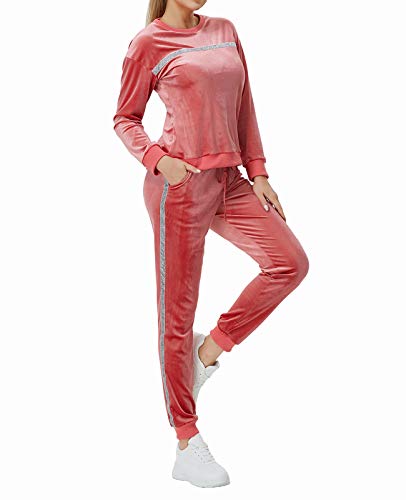 MINTLIMIT Damen Trainingsanzug Velours Hausanzug Nicki Jogginganzug Zweiteiler Samt Schlafanzug Lang Streifen Sportanzug Sweatsuits Flanell Oberteil und Hose mit Taschen von MINTLIMIT