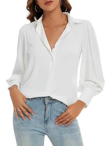 MINTLIMIT Damen Tunika Chiffon Bluse Langarm Beiläufig Hemde Button Down Oberteile Tops (Weiß M) von MINTLIMIT