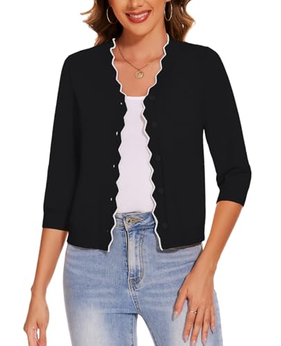 MINTLIMIT Dünne Strickjacke Damen Casual Cardigan V-Ausschnitt Sweater 3/4 Ärmel Frühling Kontrast (Schwarz M) von MINTLIMIT