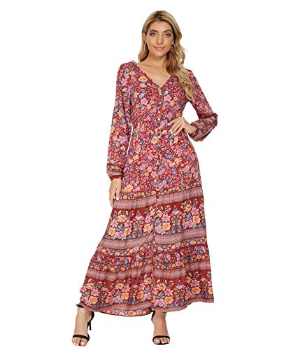 MINTLIMIT Kleider Damen Herbst Midi Wickelkleid Kleid mit Blumen-Muster Langarm Retro V-Ausschnitt Elegant Kleider A-Linie Maxikleid Vintage Dress von MINTLIMIT