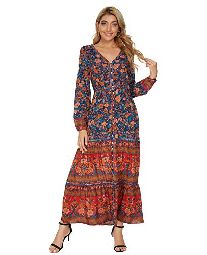 MINTLIMIT Kleider Damen Herbst Midi Wickelkleid Kleid mit Blumen-Muster Langarm Retro V-Ausschnitt Elegant Kleider A-Linie Maxikleid Vintage Dress von MINTLIMIT
