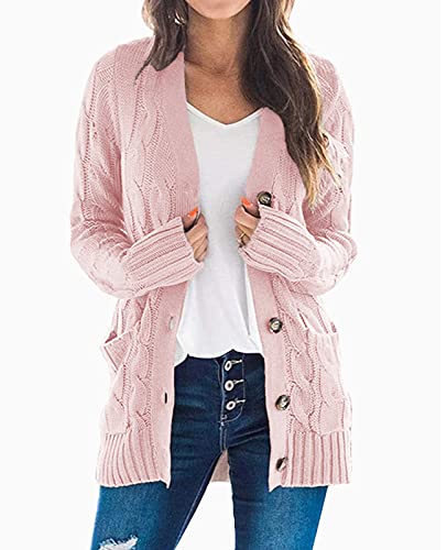 MINTLIMIT Knopf Knit Cardigan Strickjacke Langarm V-Ausschnitt Grobstrick mit Taschen,R-Rosa,S von MINTLIMIT