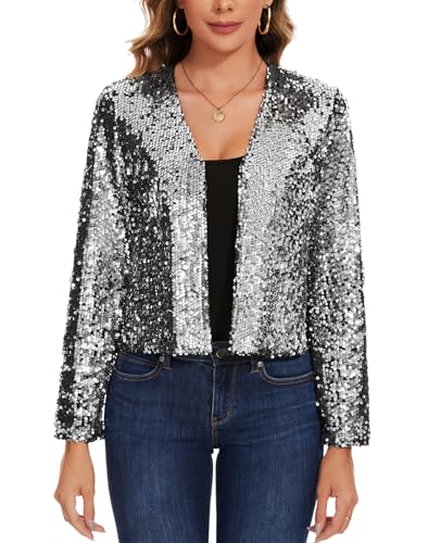 MINTLIMIT Kurz Strickjacke Damen Offene Cardigan Pailletten Metallic Langarm Bolero Festlich (Silberfarben L) von MINTLIMIT
