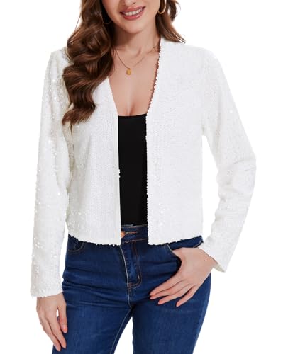 MINTLIMIT Kurz Strickjacke Damen Offene Cardigan Pailletten Metallic Langarm Bolero Festlich (Weiß L) von MINTLIMIT
