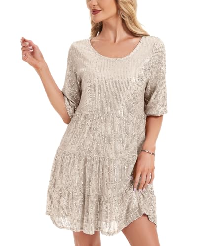 MINTLIMIT Kurzarm Glitzer Sommerkleid Damen mit Pailletten Midi Kleider Leicht Kleid Casual Tunika Plissee Swing Freizeitkleid(Beige,XXL) von MINTLIMIT