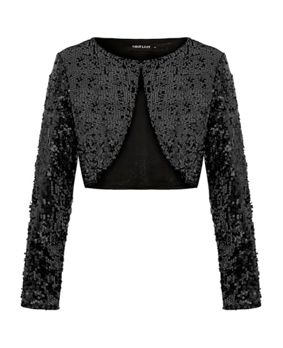 MINTLIMIT Kurze Strickjacke Damen Offene Cardigan Pailletten Bolero Elegant Jacke Langarm Haken (Schwarz XXL) von MINTLIMIT