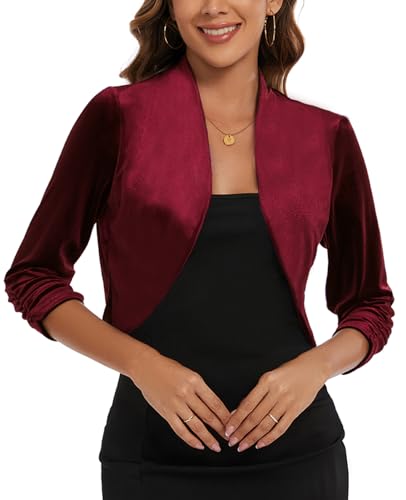 MINTLIMIT Kurzer Strickjacke Damen Samt Cardigan V-Ausschnitt Casual Bolero Offene (Weinrot XL) von MINTLIMIT