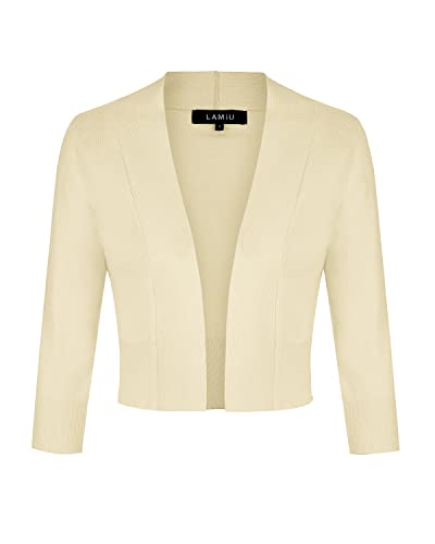 MINTLIMIT Ladies Elegant Bolero V-Ausschnitt Kurz-Strickweste 3/4 Ärmel Strickjacke Bolerojacke Schulterjacke,Beige,XXL von MINTLIMIT