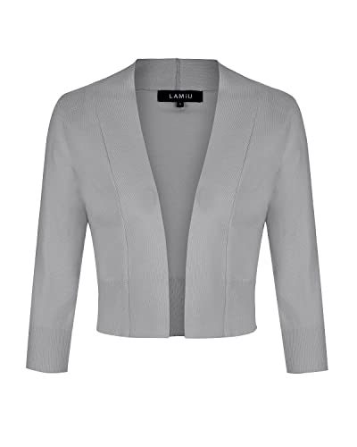 MINTLIMIT Ladies Elegant Bolero V-Ausschnitt Kurz-Strickweste 3/4 Ärmel Strickjacke Bolerojacke Schulterjacke,Hellgrau,XXL von MINTLIMIT