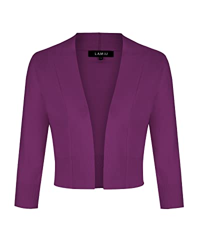 MINTLIMIT Ladies Elegant Bolero V-Ausschnitt Kurz-Strickweste 3/4 Ärmel Strickjacke Bolerojacke Schulterjacke,ViolettRot,XXL von MINTLIMIT