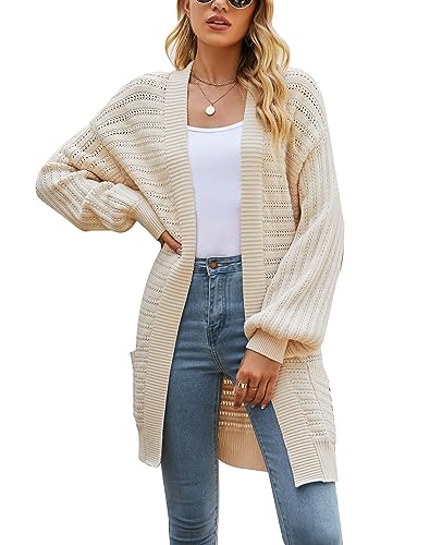 MINTLIMIT Lange Damen Strickjacke Grobstrick Cardigan Open Front Strickcardigan Lang Elegant Sweater (WH-Beige M) von MINTLIMIT