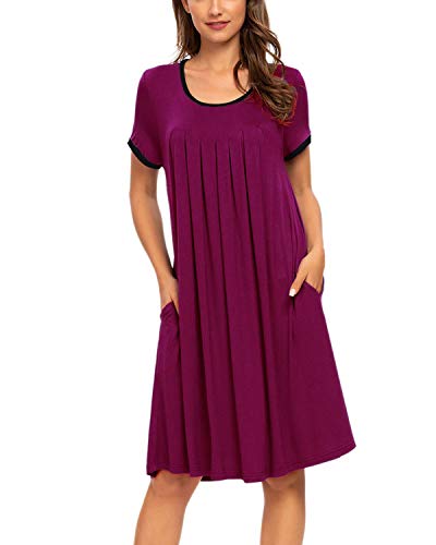 MINTLIMIT Nachthemd Damen Kurzarm Schlafkleid Einteiliger Schlafanzug Nachtkleid Retro-Stil Kleid Sleepshirt (Fuchsia,Größe L) von MINTLIMIT