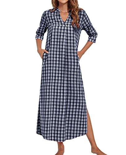 MINTLIMIT Nachthemd Damen Schlafshirt Karierte Nachtkleid Baumwolle Kurzarm Sleepwear High Low,Blau Weiss,XXL von MINTLIMIT