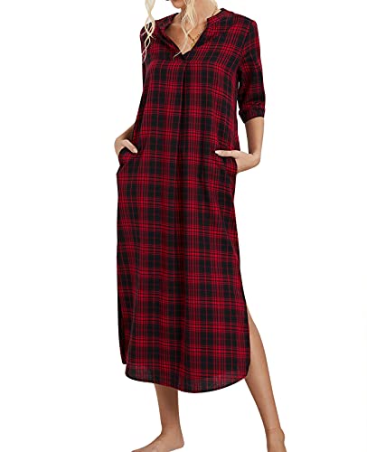 MINTLIMIT Nachthemd Damen Schlafshirt Nachtkleid Baumwolle Kurzarm Sleepwear V-Ausschnitt High Low Rot XXL von MINTLIMIT