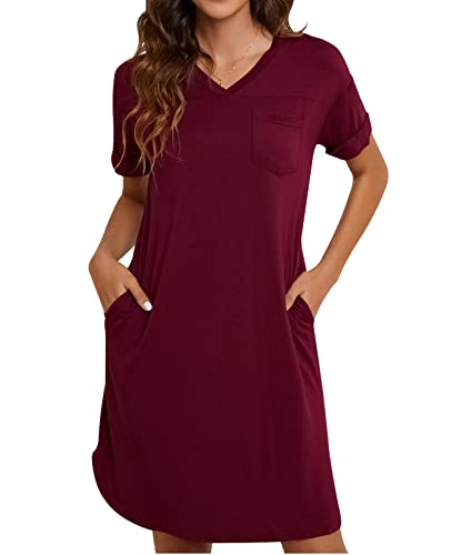 MINTLIMIT Nachthemd Damen Schlafshirt Nachtkleid V-Ausschnitt Modal Freizeitkleid,Weinrot,S von MINTLIMIT