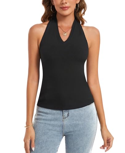 MINTLIMIT Neckholder Tops Damen Sexy Slim Fit Oberteile Baumwolle Tank top Ärmellos Weste Crop (Schwarz XL) von MINTLIMIT