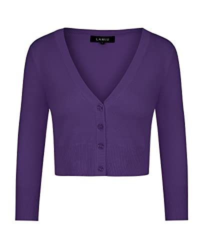 MINTLIMIT Offene Strickjacke Damen Kurz V-Ausschnitt 3/4 Ärmel Bolero Festlich Cardigan mit Knopf,Dunkelviolett,S von MINTLIMIT