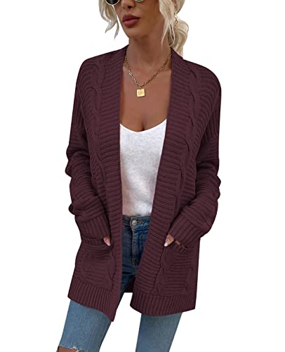 MINTLIMIT Open Knit Cardigan Strickjacke Langarm V-Ausschnitt Grobstrick mit Taschen,1007-Weinrot,S von MINTLIMIT