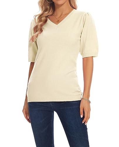 MINTLIMIT Pullover Damen V-Ausschnitt Knit Oberteile Tunika Tops Slim Fit Kurzarm Strickpullover (WH-Beige M) von MINTLIMIT